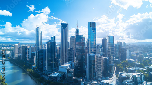 City Skyline and Skyscrapers Under Blue Sky and White Clouds Aerial View