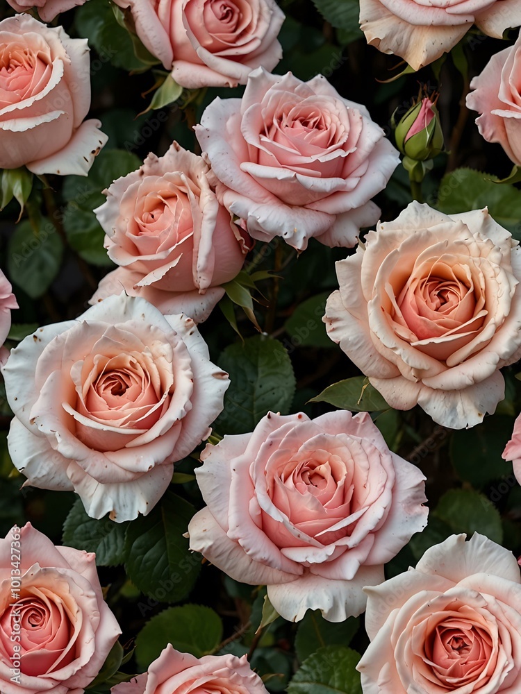 Pink roses in a garden, showcasing romantic floral art. Pink roses in a garden, showcasing romantic floral art.