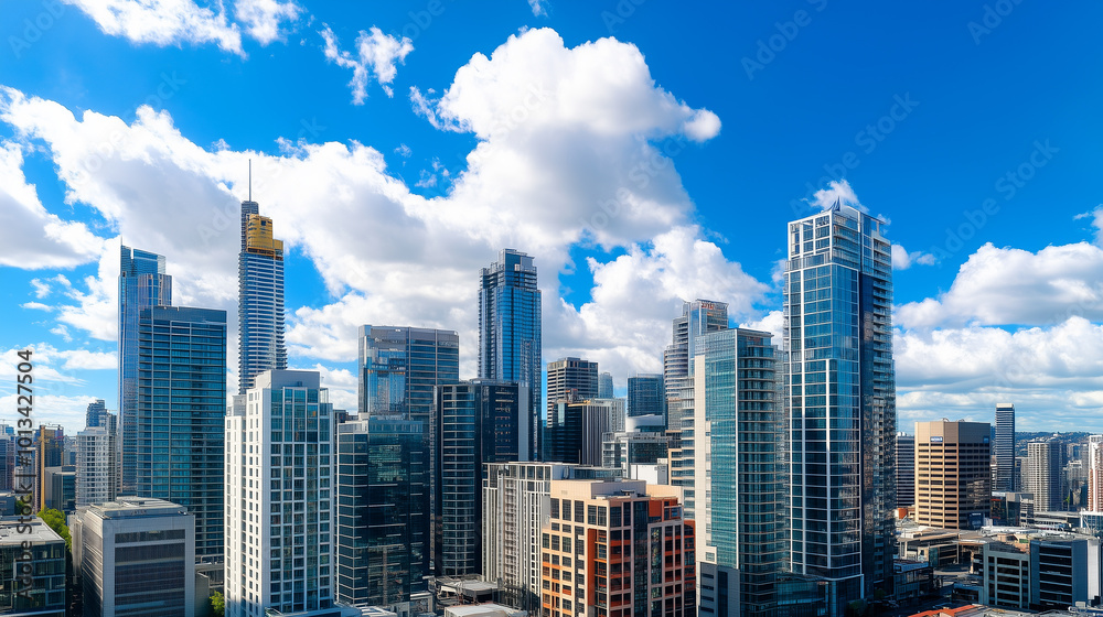 Fototapeta premium City Skyline and Skyscrapers Under Blue Sky and White Clouds Aerial View