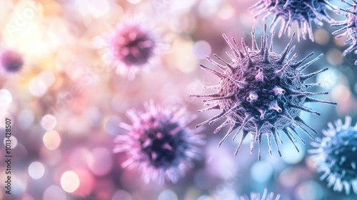 Close-up view of microscopic viruses in a colorful, abstract background.