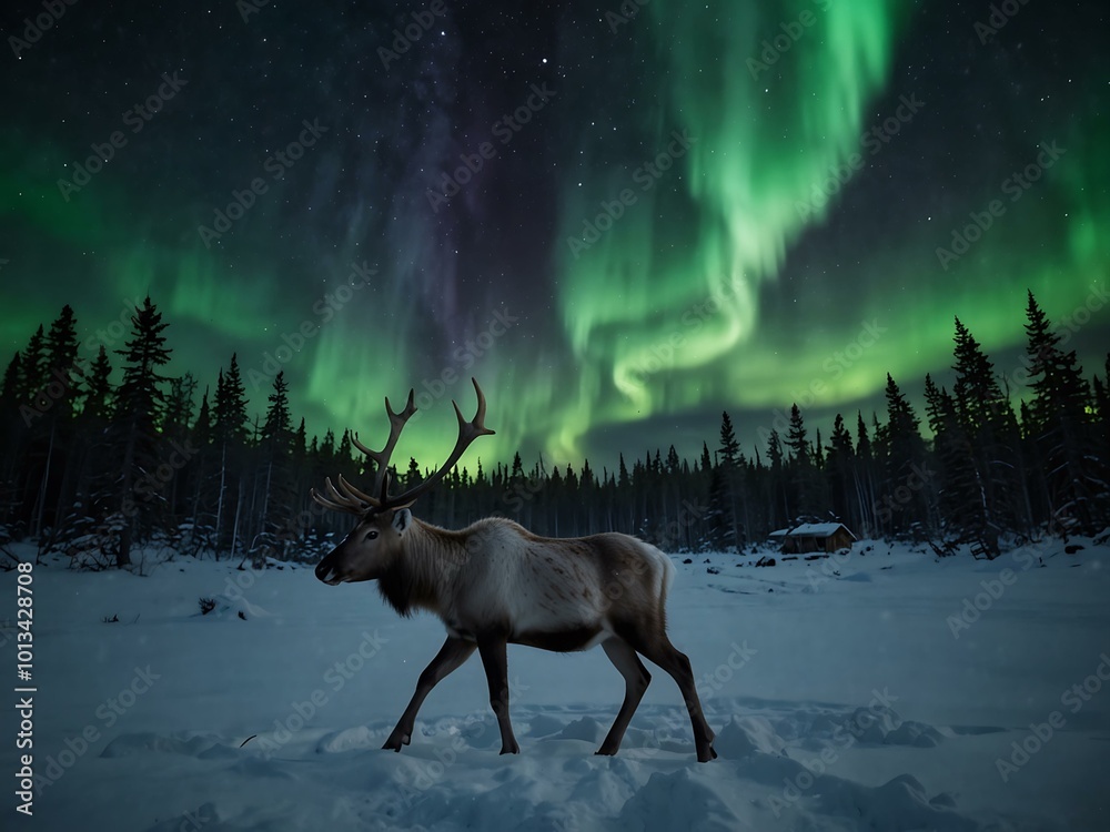 Reindeer in snowy forest under northern lights. Reindeer in snowy forest under northern lights.