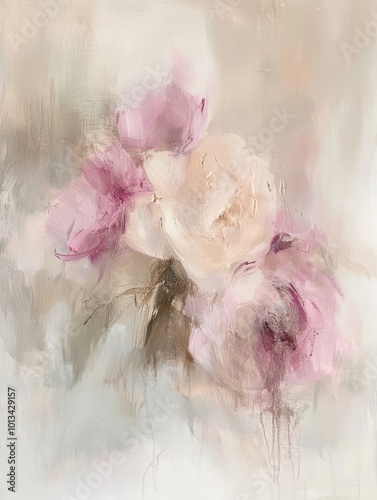 Abstract painting of flowers, in soft shades of pink and beige, with blurred details and subtle tonal values.  photo