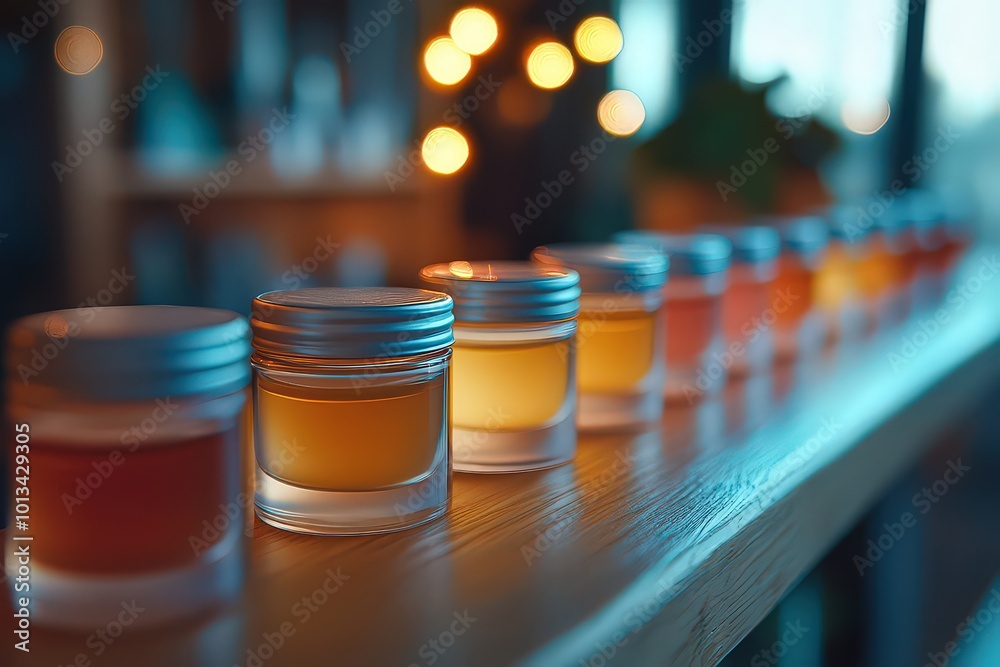 Jars of lip balm in various shades are neatly aligned on a wooden surface, illuminated by warm lighting, creating a cozy and inviting beauty setting. Jars of lip balm in various shades are neatly aligned on a wooden surface, illuminated by warm lighting, creating a cozy and inviting beauty setting.