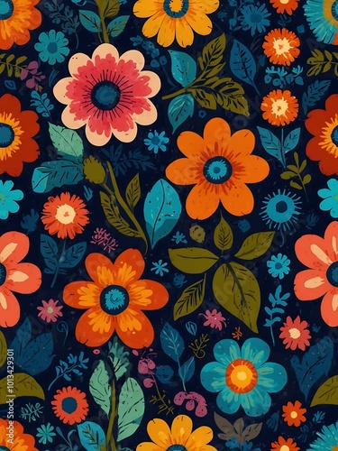 Retro floral pattern with vibrant colors, ideal for fashion and decor.