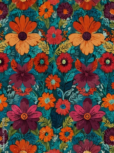 Wallpaper Mural Retro floral pattern with vibrant colors, ideal for fashion and decor. Torontodigital.ca