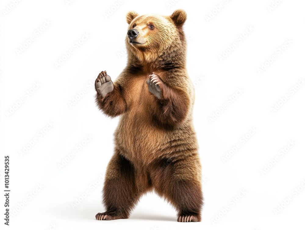Fototapeta premium Cute brown bear standing upright on hind legs in studio lighting with clean isolated background