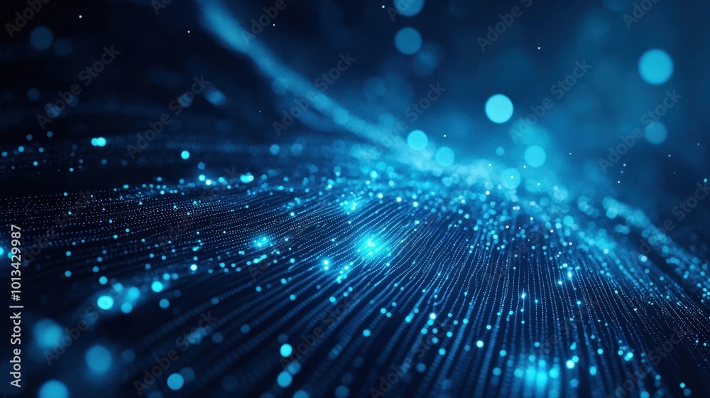 Abstract blue glowing particles forming a wave with bokeh lights in the background. Abstract blue glowing particles forming a wave with bokeh lights in the background.