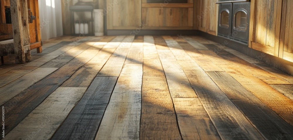 A cozy, rustic kitchen featuring reclaimed wooden floorboards, each plank with its unique grain pattern and slight imperfections. A cozy, rustic kitchen featuring reclaimed wooden floorboards, each plank with its unique grain pattern and slight imperfections.