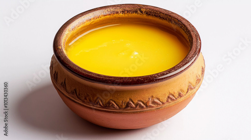 Shudh desi ghee in mud vessel on white background photo