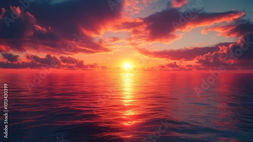 Vibrant Sunset Over Calm Ocean Waters with Silhouette of Trees on Horizon
