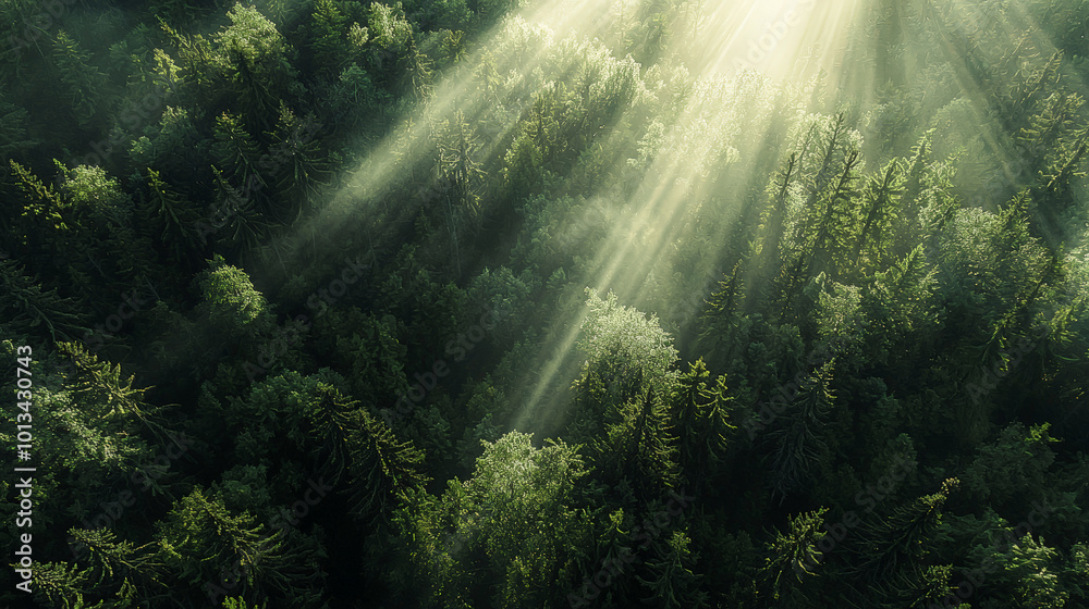 This stunning aerial photograph captures the beauty of a lush green forest with towering pine trees bathed in the golden rays of sunlight. Generative AI This stunning aerial photograph captures the beauty of a lush green forest with towering pine trees bathed in the golden rays of sunlight. Generative AI