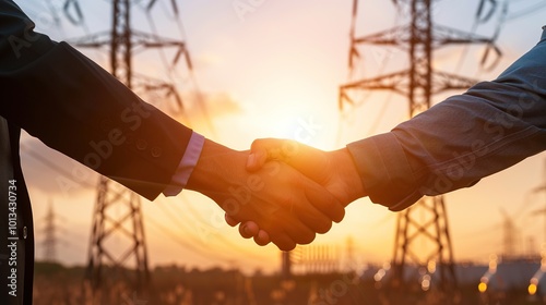 Close-up of two businessmen shaking hands,blurred energy infrastructure in the background. Oil,renewable,sustainable,partnership,collaboration,teamwork,alliance