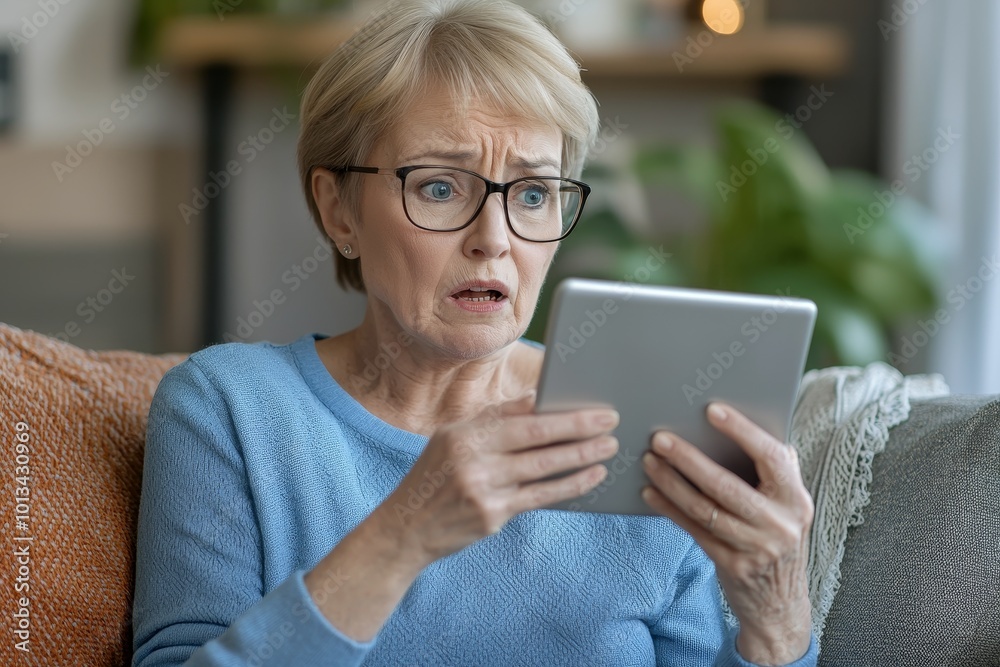 An elderly woman looks shocked while using a tablet device. An elderly woman looks shocked while using a tablet device.