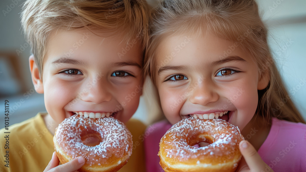 a boy child with a mustard colored shirt and a girl child with a hot pink shirt are happy eating donuts, they are biting the donuts a boy child with a mustard colored shirt and a girl child with a hot pink shirt are happy eating donuts, they are biting the donuts