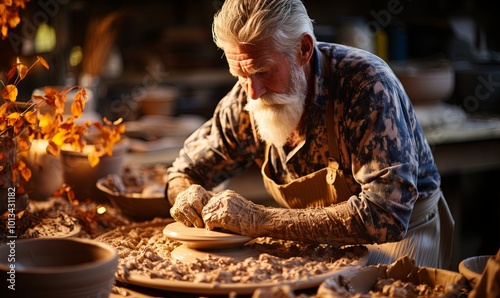 Man Creating Pottery on Table