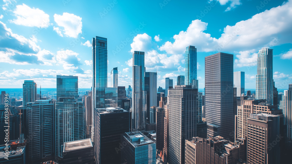 Fototapeta premium Aerial View of City Skyline and High-Rise Buildings Under Blue Sky and White Clouds