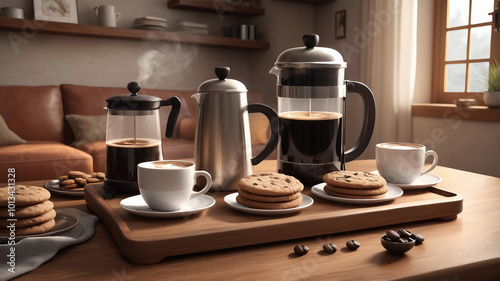 Cozy Coffee Setup with French Press and Cookies