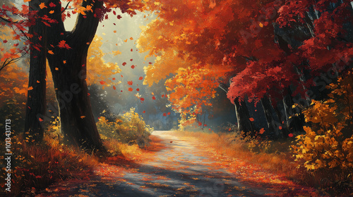 Autumn Leaves Falling Along a Scenic Forest Path