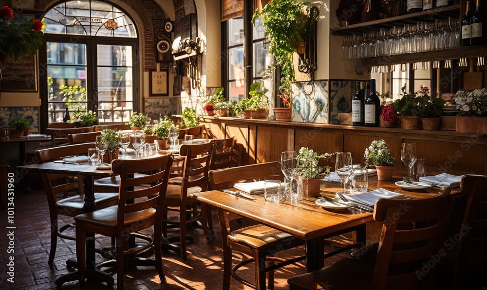 Restaurant With Tables, Chairs, and Potted Plants Restaurant With Tables, Chairs, and Potted Plants
