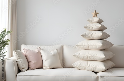 A Christmas tree made of white cushions for decoration and a sofa on a gray background with a place for text. The concept of textiles and accessories for home and interior.