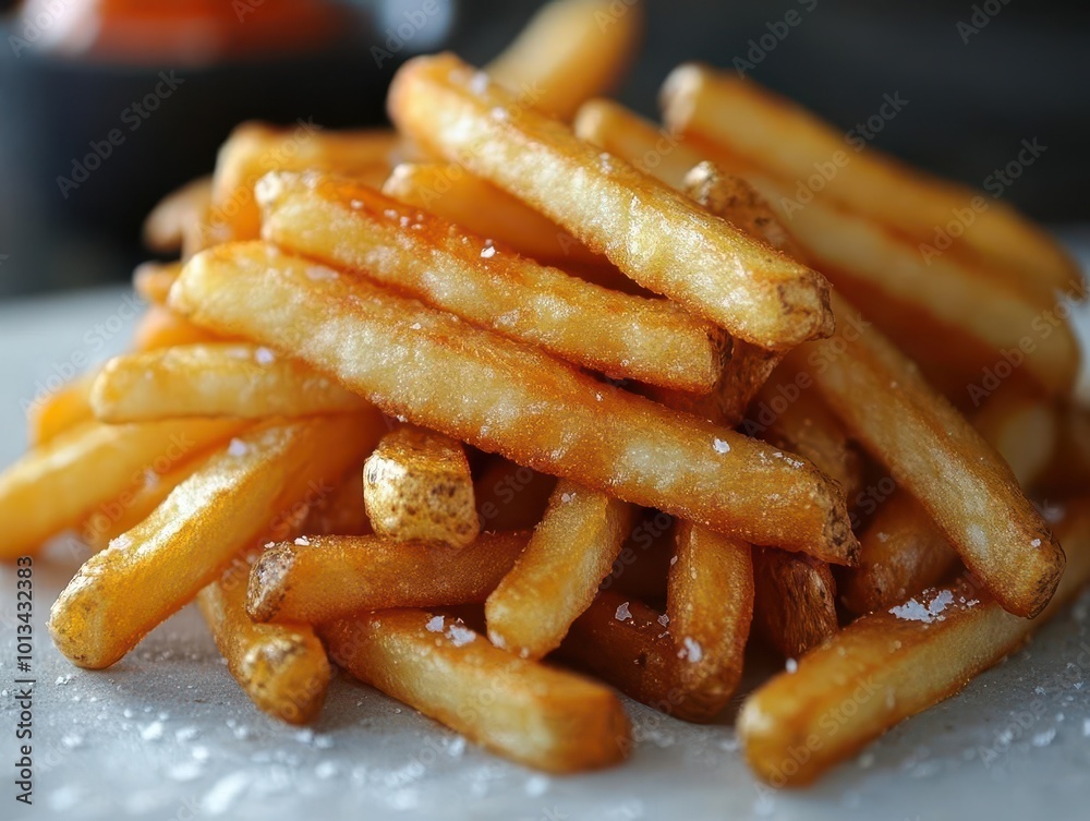 golden crispy french fries piled high on a pristine white background glistening with a light sheen emphasizing their mouthwatering texture and inviting appearance golden crispy french fries piled high on a pristine white background glistening with a light sheen emphasizing their mouthwatering texture and inviting appearance