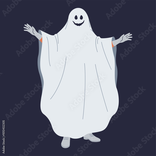 Person wearing ghost costume celebrating Halloween flat color vector illustration. Character spreading arms ready to scare cartoon image on black