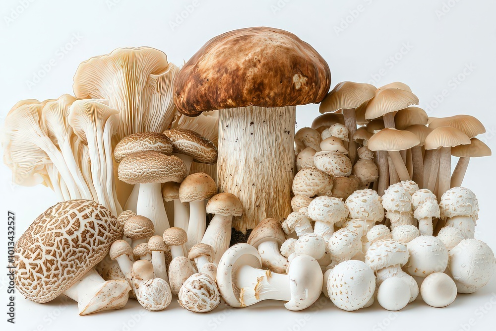 Collection of mushrooms with large, majestic porcini taking center stage. Collection of mushrooms with large, majestic porcini taking center stage.