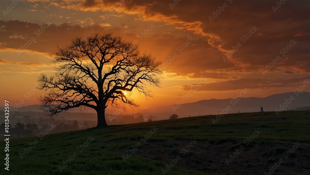 Silhouette of a solitary tree on a hill during a vibrant sunset. Silhouette of a solitary tree on a hill during a vibrant sunset.