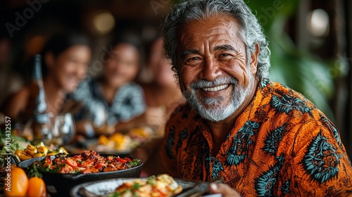 A joyful man enjoying a vibrant meal with friends in a tropical setting.