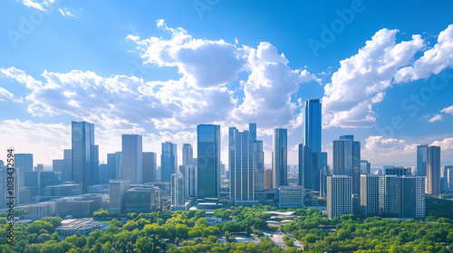 Aerial View of City Skyline and High-Rise Buildings Under Blue Sky and White Clouds