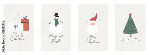 Set of Christmas and Happy New Year cards. Christmas quotes with Santa Claus, gifts, cute snowman and Christmas tree. Vector holiday illustration. Season greeting. 