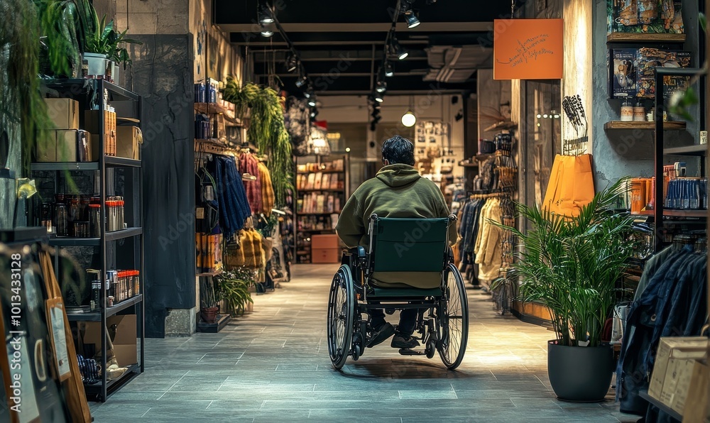 Obraz premium Man in wheelchair in a store.