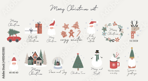 Set of Christmas and Happy New Year cards. Christmas quotes with Santa Claus, snowman and gifts. Vector winter illustration. Season greeting. 