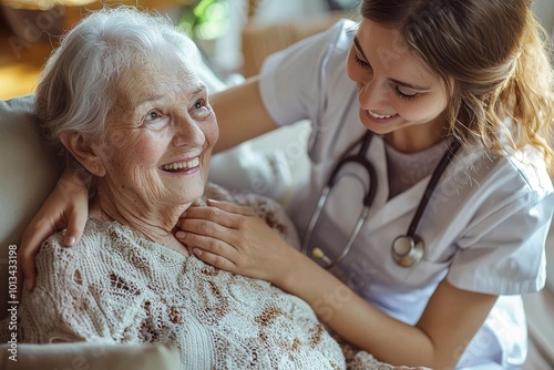 Caregiver comforting elderly woman, warm and caring moment.