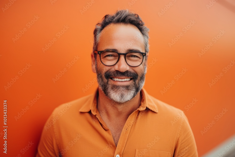 Portrait of a handsome middle-aged man wearing glasses and smiling while standing against orange background Portrait of a handsome middle-aged man wearing glasses and smiling while standing against orange background