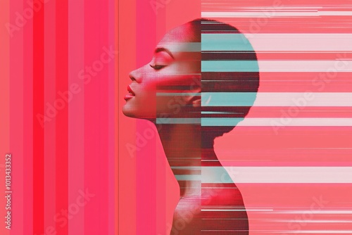 Modern glitch art portrait of woman with pink and red digital distortion effects