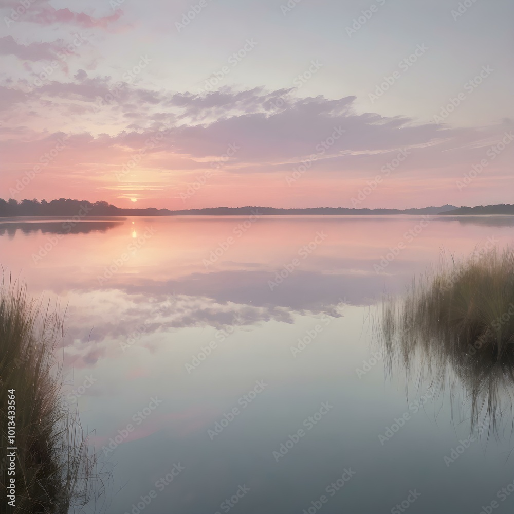 A serene early morning sky, with soft pastel colors as the sun rises, reflecting on the water below and casting a gentle glow
A serene early morning sky, with soft pastel colors as the sun rises, reflecting on the water below and casting a gentle glow