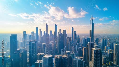 City Skyline and Skyscrapers Under Blue Sky and White Clouds Aerial View