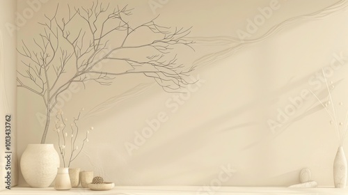 A continuous line drawing of a minimalist tree branch on a cream-colored wall, with fine details and flowing lines.