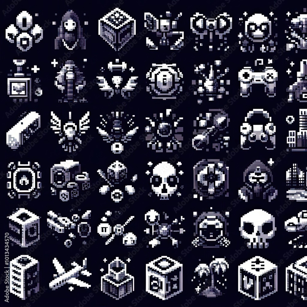 3D pixel art black elements set. Game abstract icons 3D pixel art black elements set. Game abstract icons