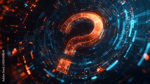 A digital question mark surrounded by futuristic blue and orange elements, symbolizing curiosity and mystery.