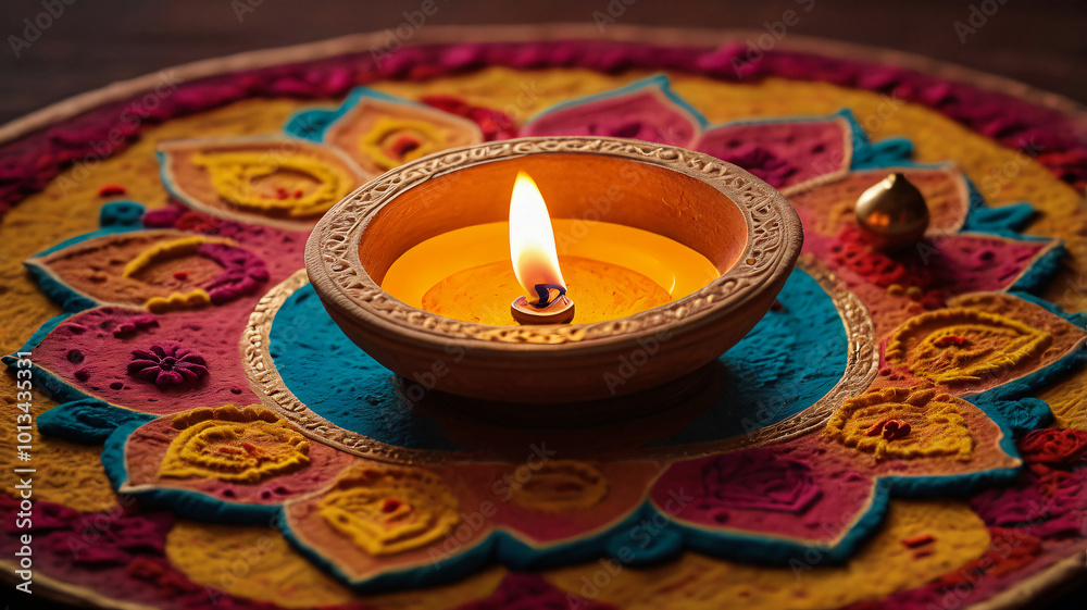 A vibrant handmade rangoli in ochre, Caribbean current, and madder hues, with a lit clay oil lamp at the center. This beautiful Indian decor celebrates Diwali, the festival of lights and joy. A vibrant handmade rangoli in ochre, Caribbean current, and madder hues, with a lit clay oil lamp at the center. This beautiful Indian decor celebrates Diwali, the festival of lights and joy.