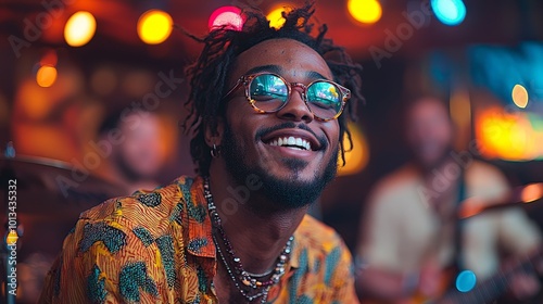 A joyful musician smiles while performing on stage, surrounded by colorful lights.