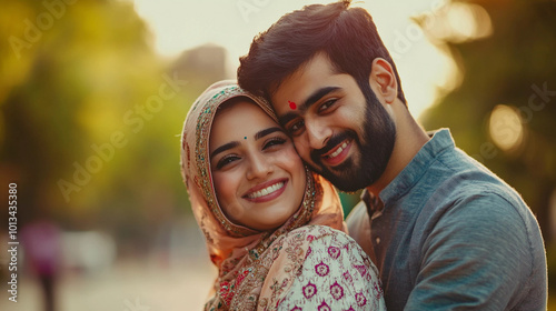 Portrait of hindu husband with muslim girl, interreligious marriage photo
