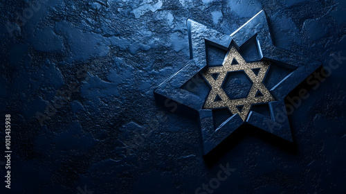 3D Plain Navy Blue Background with Holographic Star of David Accents for Modern Festive Copy Space Design photo