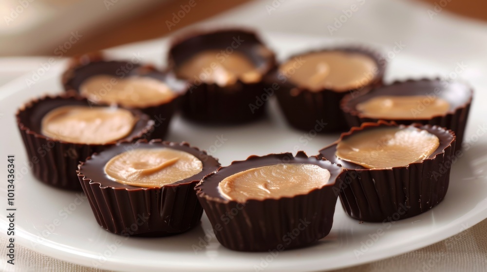 A plate of chocolate candies with a white background A plate of chocolate candies with a white background