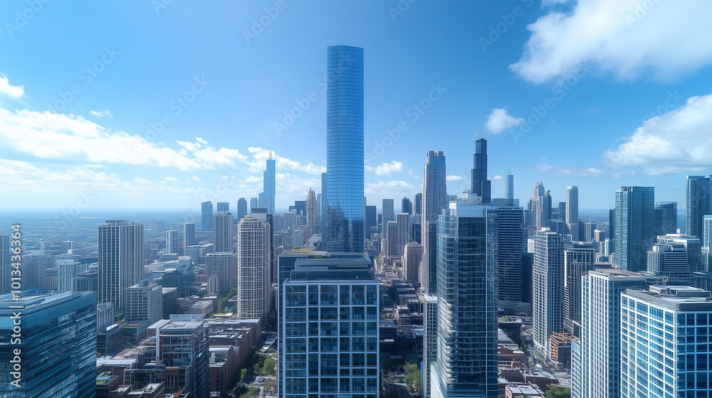 Obraz premium City Skyline and Skyscrapers Under Blue Sky and White Clouds Aerial View