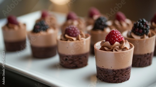 A plate of small chocolate desserts with raspberries on top