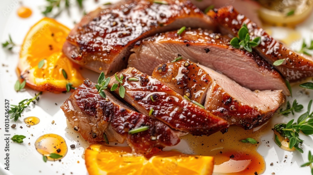 A plate of meat with orange slices on top A plate of meat with orange slices on top