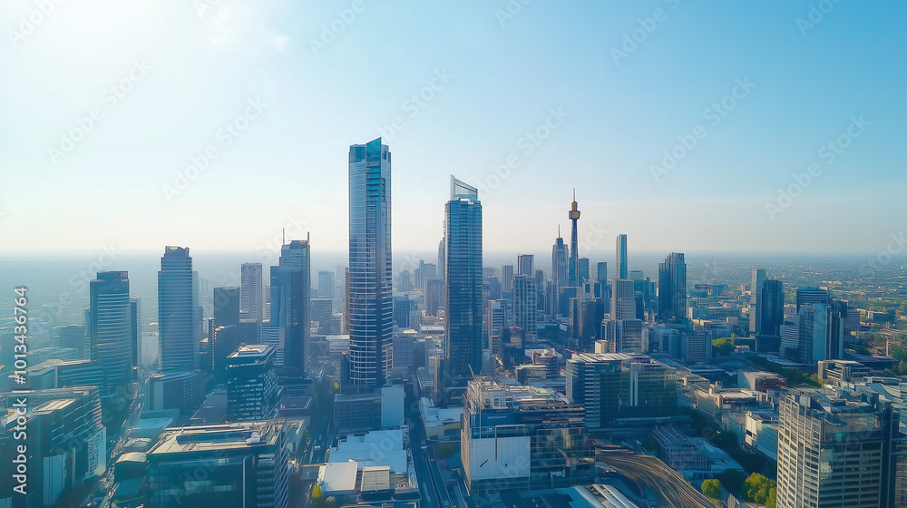 Fototapeta premium Aerial View of City Skyline and High-Rise Buildings Under Blue Sky and White Clouds